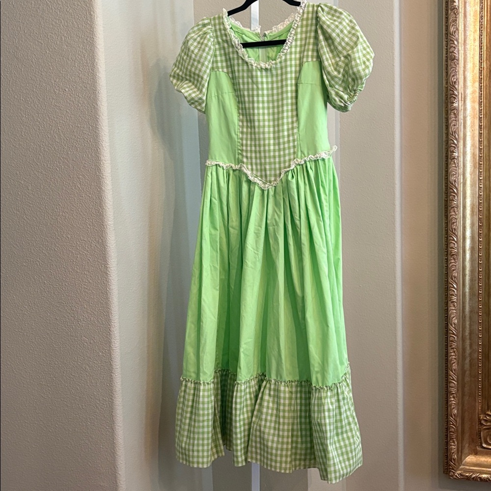 Pastel green mint green Gingham Dress with Puff Sleeves and scarf